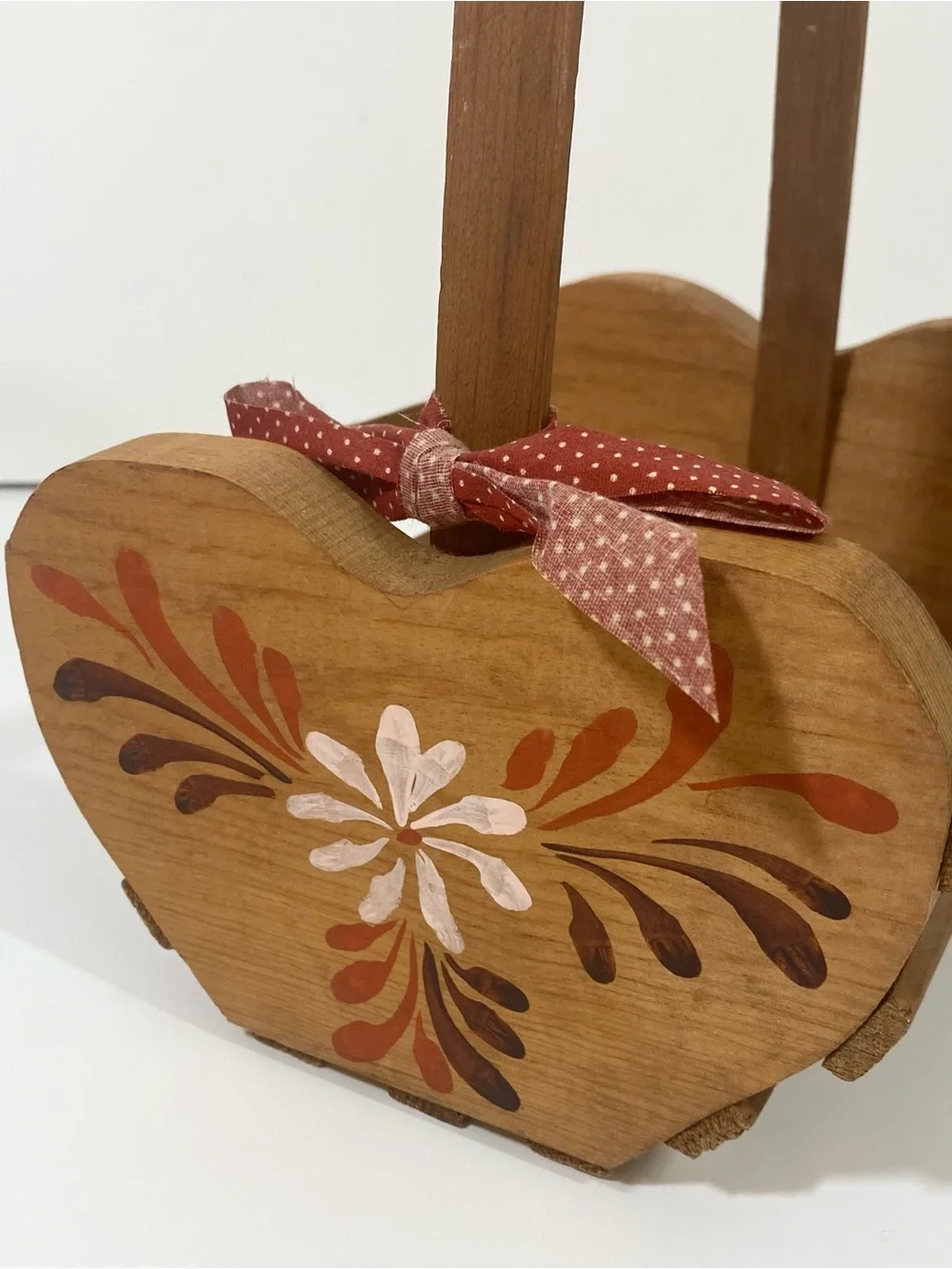 Vintage Brown Wood Handled Decorative Basket with Painted Floral Motif